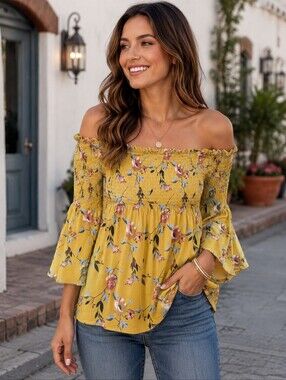 Rewind Mustard Yellow Floral Smocked Off Shoulder Bell Sleeve Top Medium